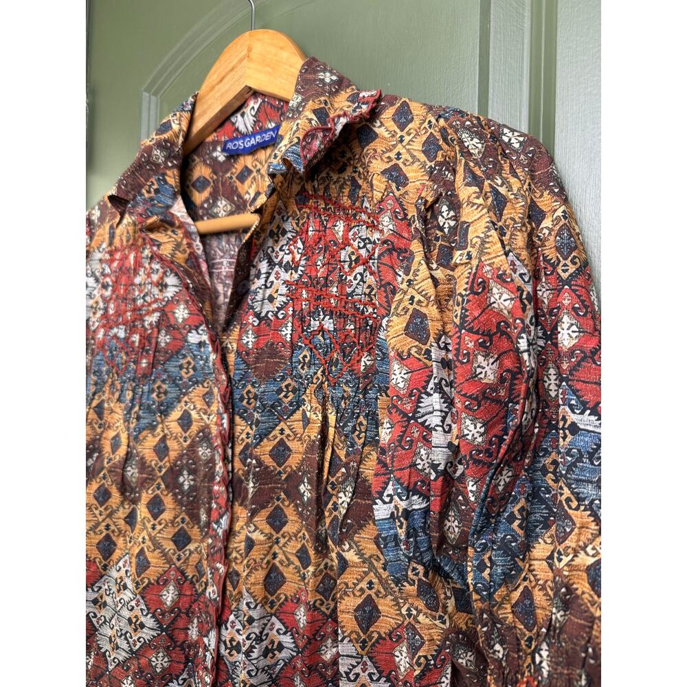 NWT Ro's Garden Gin Shirt Smocked Embroidered Boho Top Button Up Lachen Brown XS - Picture 2 of 6